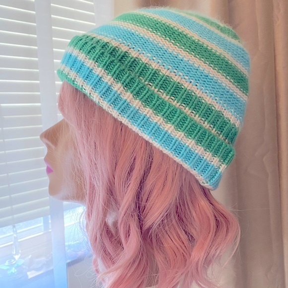 ABERCROMBIE & FITCH Y2K striped knit sweater hat blue green - Picture 2 of 5